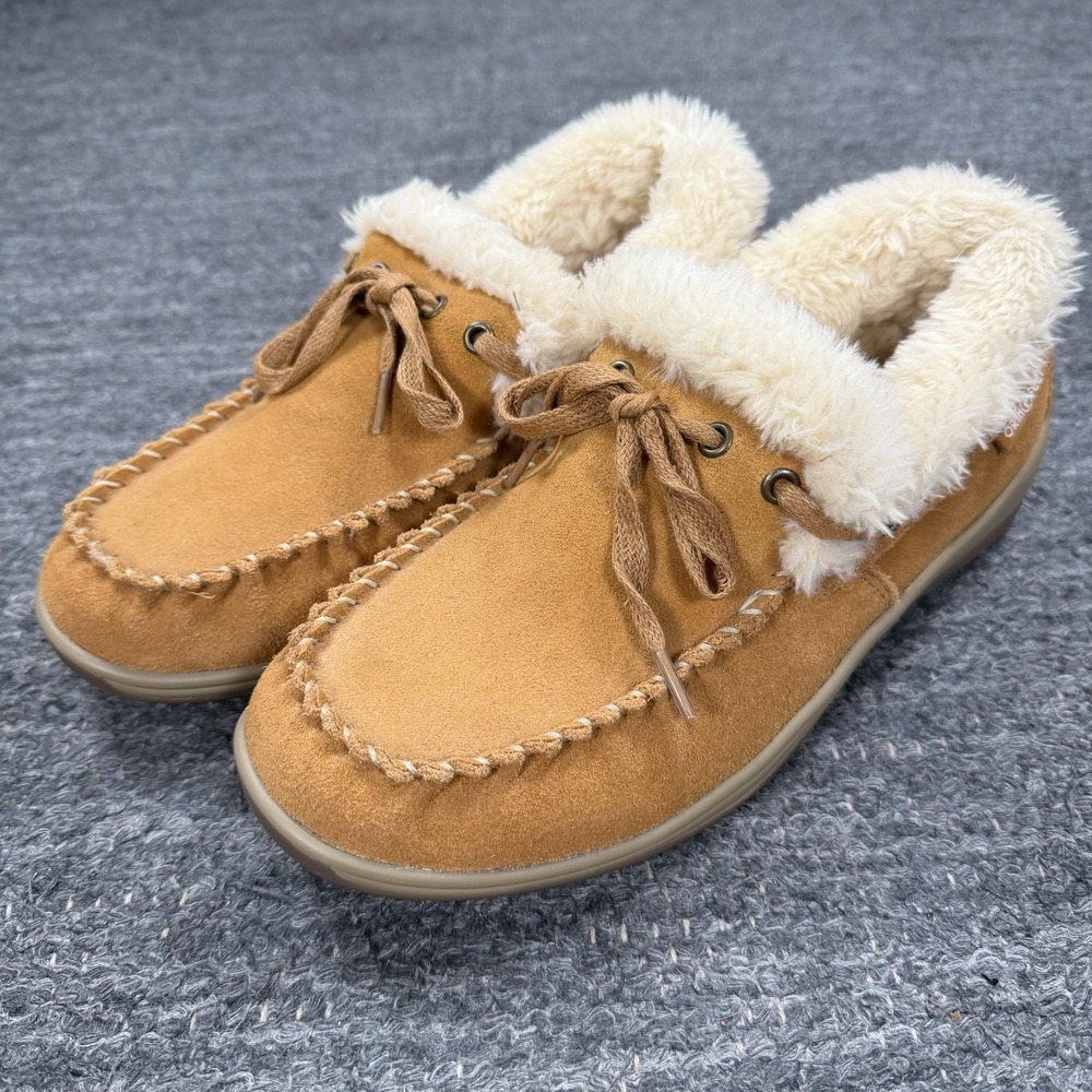 Orthofeet Capri  Brown Suede Leather Slippers 8 Faux Fur Moccasin Slip On Shoes